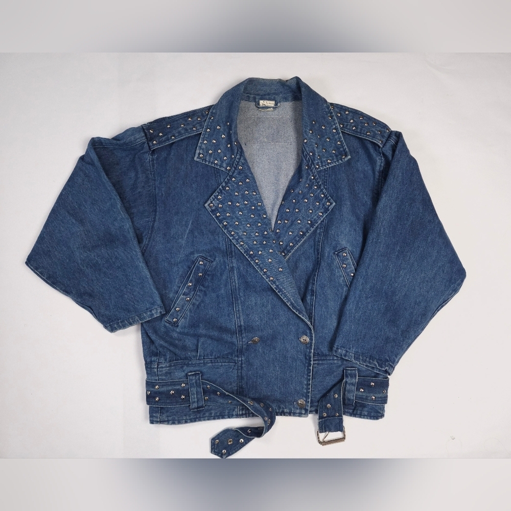Vintage 90s Studded Denim Jacket Butterfly Collar Batwing Sleeve Belted Small